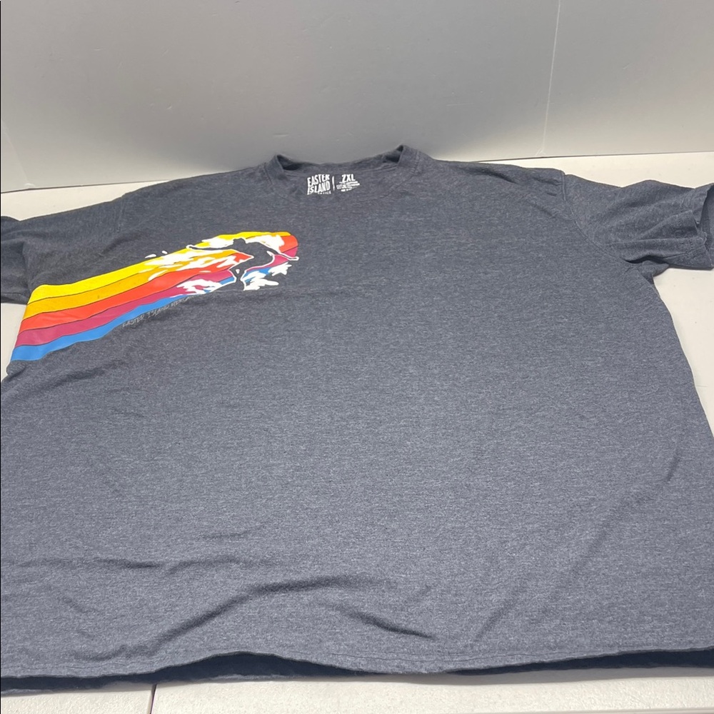 Easter Island Men's Dark Gray Graphic Tee with Vibrant Stripes